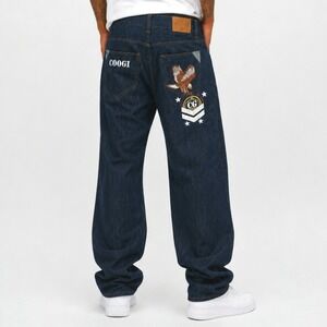COOGI Jean 34x32 Dark Wash Straight Leg Eagle Embroidered Union Jack Baggy Retro